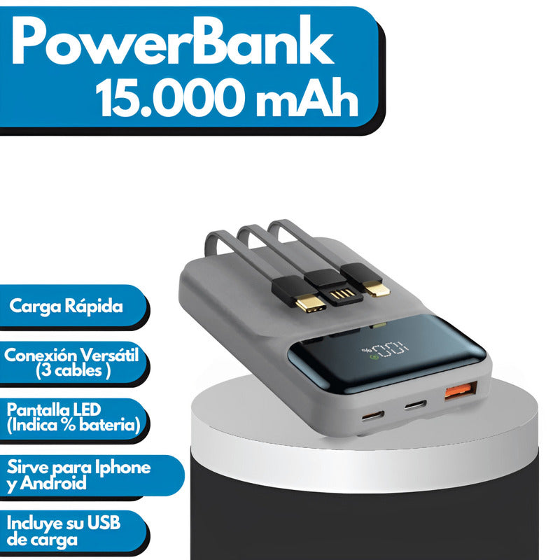 Power Bank 15.000 mAh, 3 Cables | Pantalla LED
