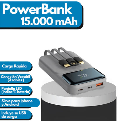  Power Bank 15.000 mAh, 3 Cables | Pantalla LED